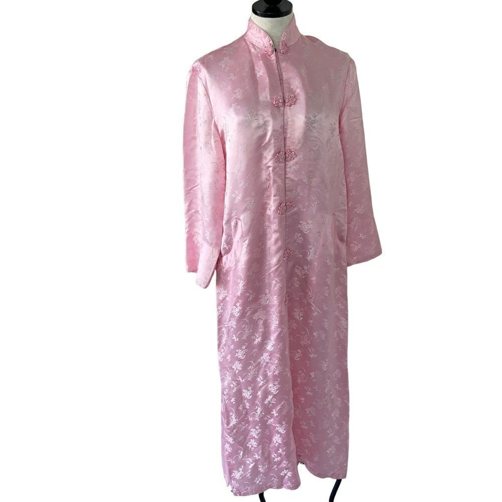 Softraiment Vintage Womens Silk Robe Size Large Pink Snap Front Floral Jacquard